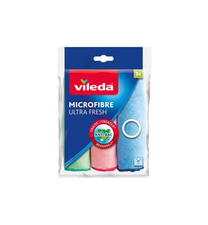 VILEDA - Chiffon de nettoyage en microfibre Ultra Fresh 3 Pièce/s, Bleu/Vert/Rouge