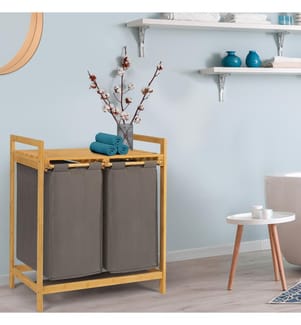 Maya Bamboo Double Compartment Linen Basket - Grey
