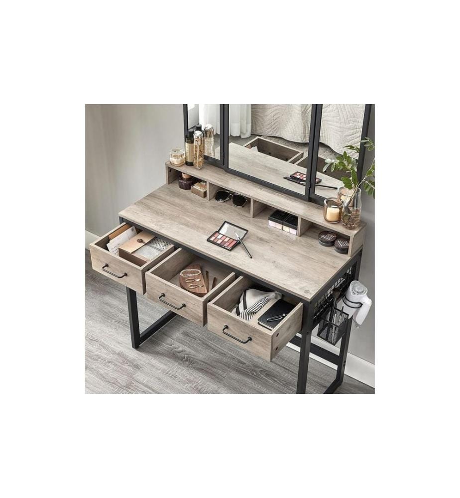 VASAGLE - Coiffeuse avec tabouret et miroir Gris/noir