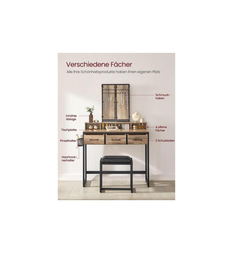 VASAGLE - Coiffeuse avec tabouret et miroir Marron vintage/noir