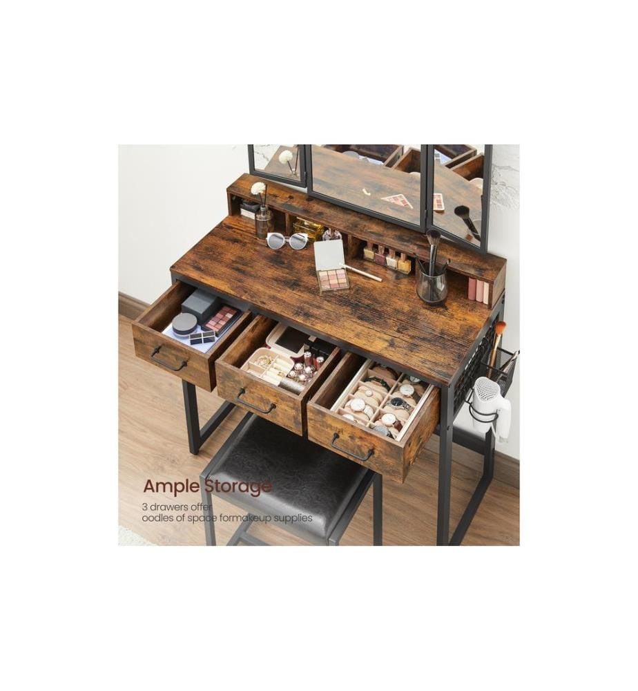 VASAGLE - Coiffeuse avec tabouret 90 x 141 cm, Brun/Noir