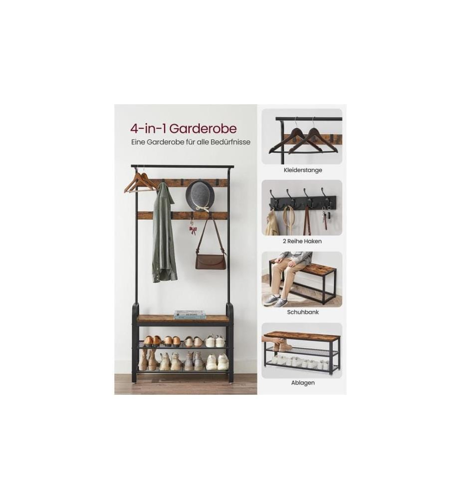 VASAGLE - Wandgarderobe 84 cm x 183 cm, Braun/Schwarz