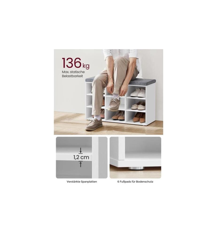 VASAGLE - Schuhschrank mit Polster 78.5 x 48 cm, Grau/Weiss