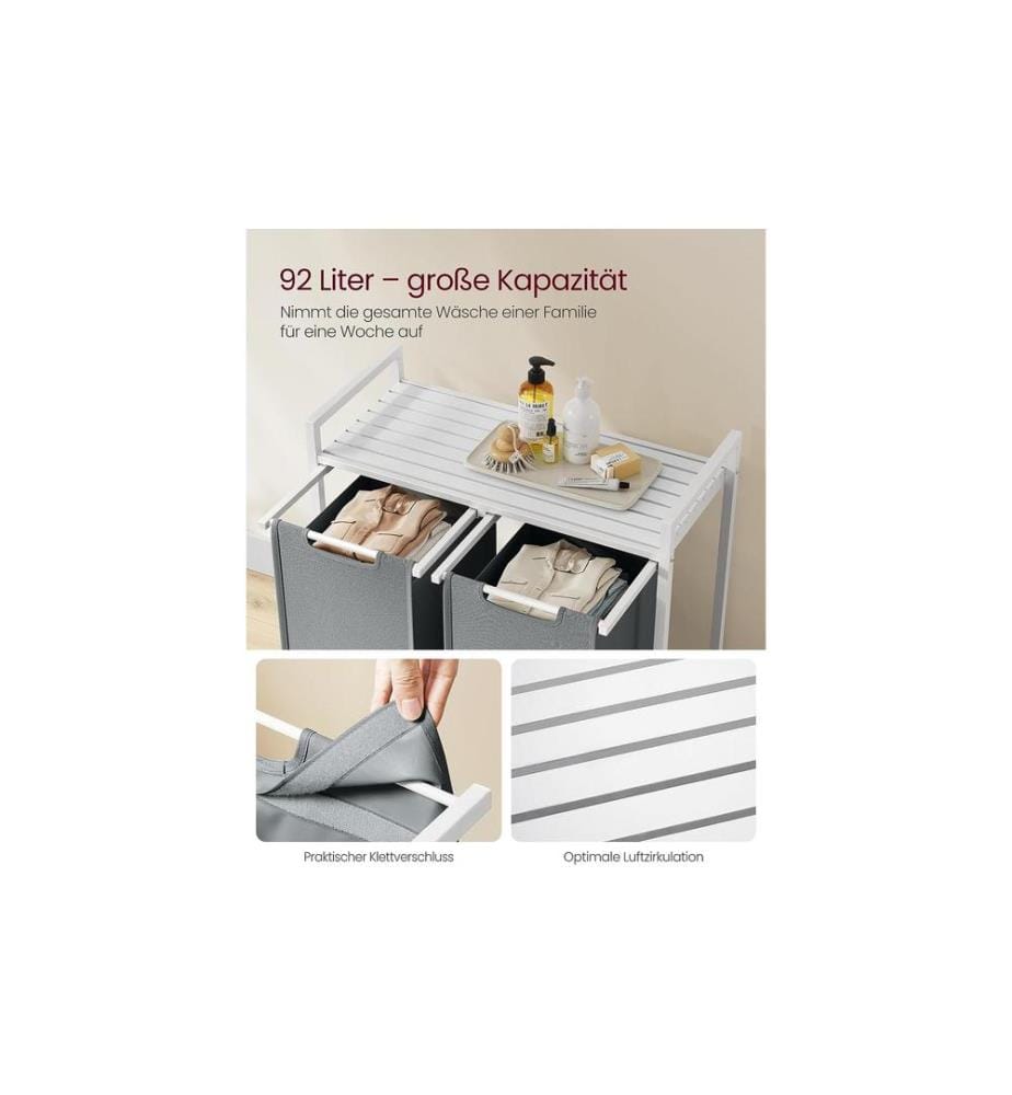 VASAGLE - Wäschekorb  mit Ablage 2 x 46 l, Grau/Weiss