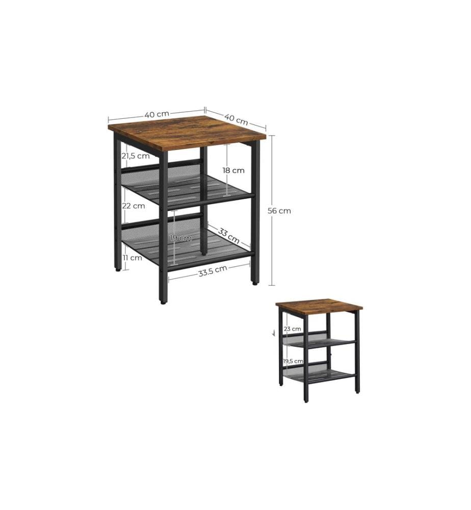 VASAGLE - Table d'appoint avec 2 étagères grillagées 40 x 55 cm, Brun/Noir