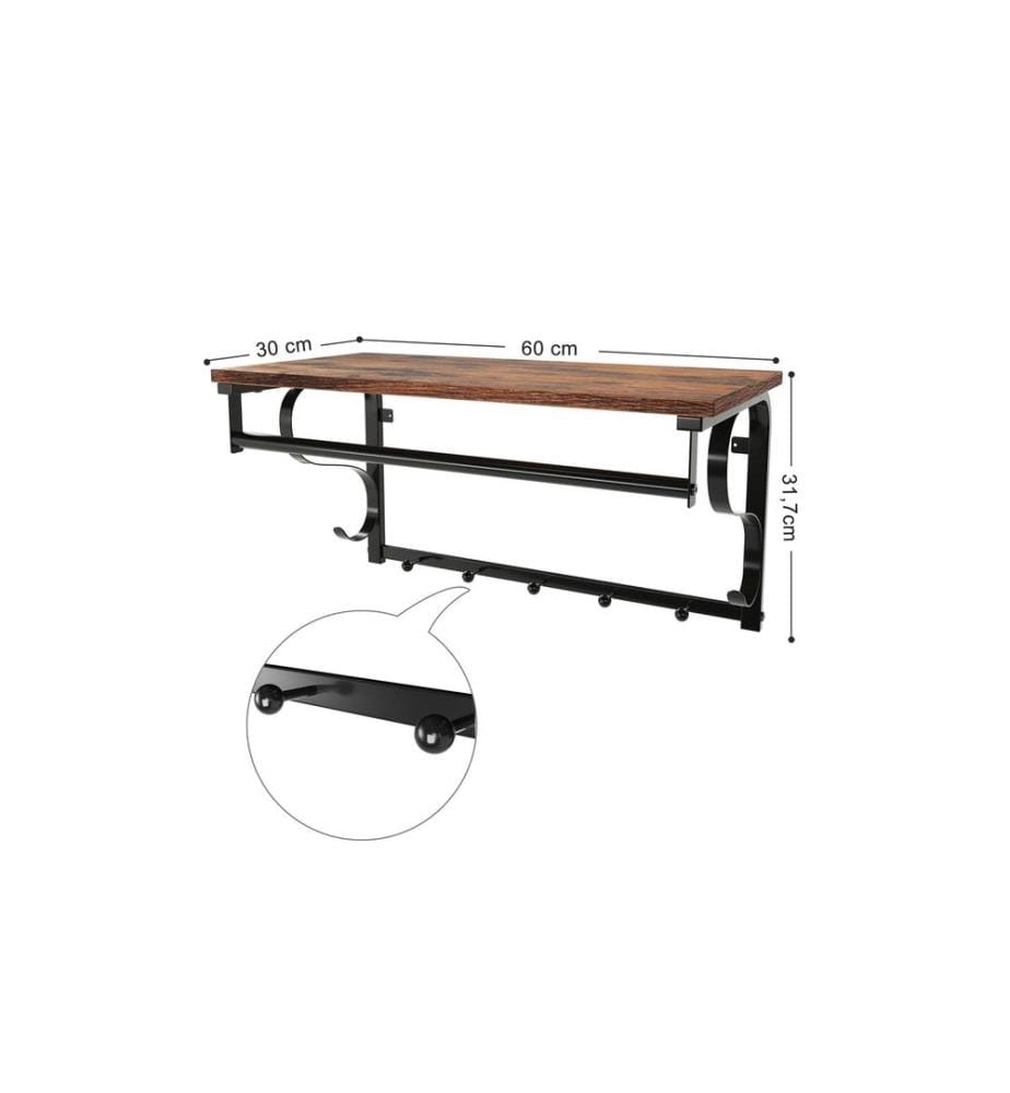 VASAGLE - Wandgarderobe Industrial Look 60 x 31.7 cm, Braun/Schwarz