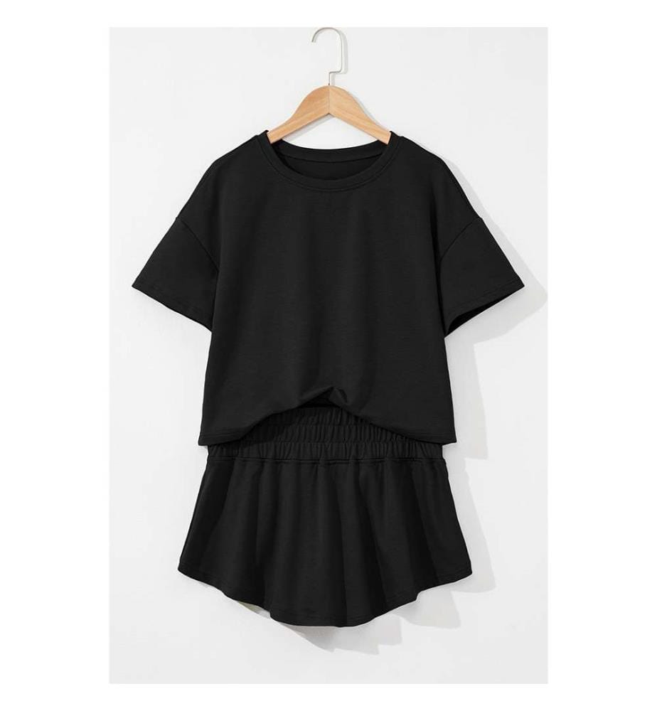 2-teiliges schwarzes Set mit kurzem T-Shirt und hochgeschnittenem Rüschenrock - Schwarz