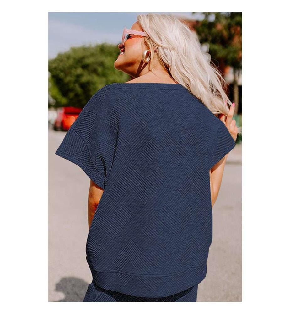 Set aus blauem, strukturiertem, locker geschnittenem T-Shirt und Hose mit Kordelzug - Marineblau