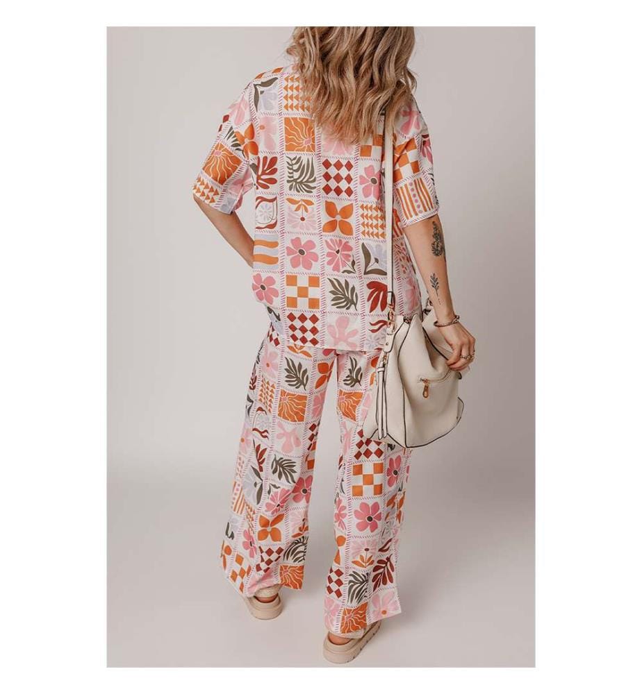 Set aus Hemd mit Kragen und Hose mit weitem Bein mit orangefarbenem Karomusterdruck - Orange