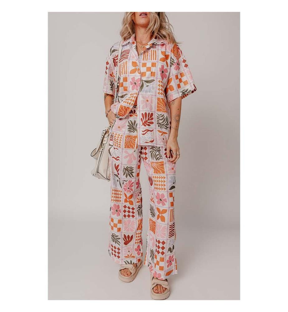 Set aus Hemd mit Kragen und Hose mit weitem Bein mit orangefarbenem Karomusterdruck - Orange