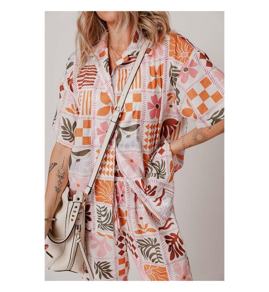 Set aus Hemd mit Kragen und Hose mit weitem Bein mit orangefarbenem Karomusterdruck - Orange
