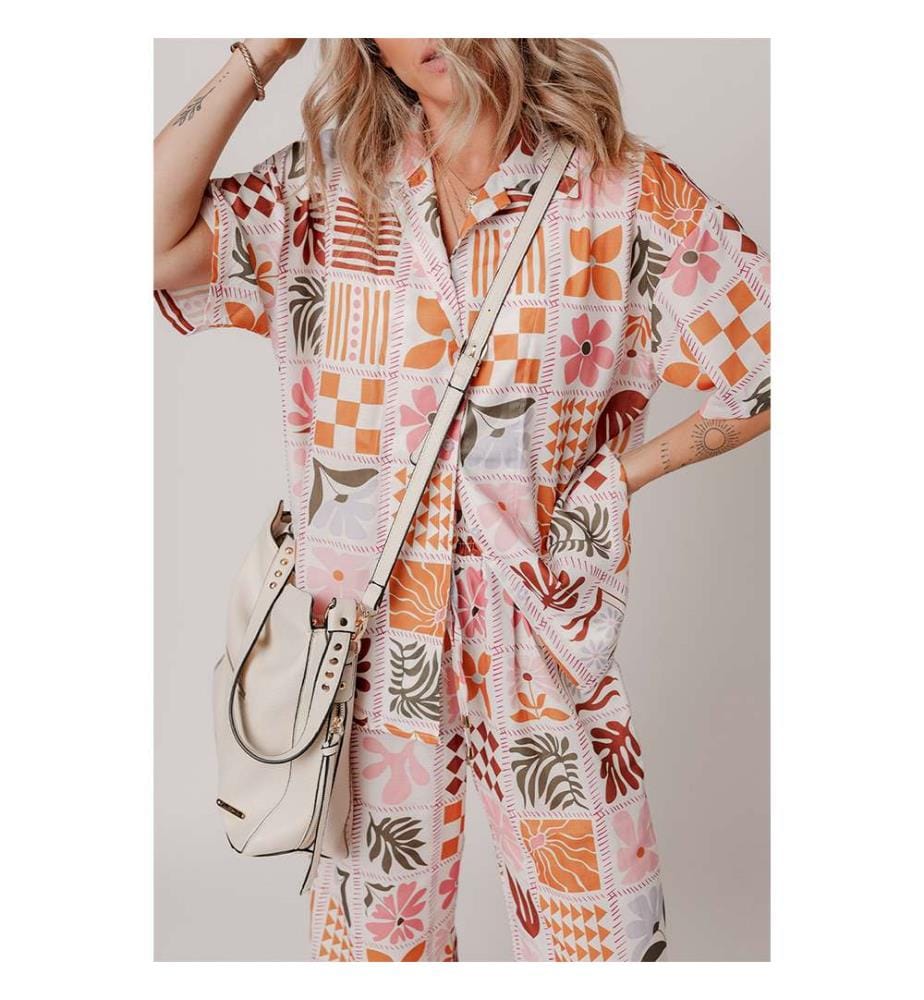 Set aus Hemd mit Kragen und Hose mit weitem Bein mit orangefarbenem Karomusterdruck - Orange