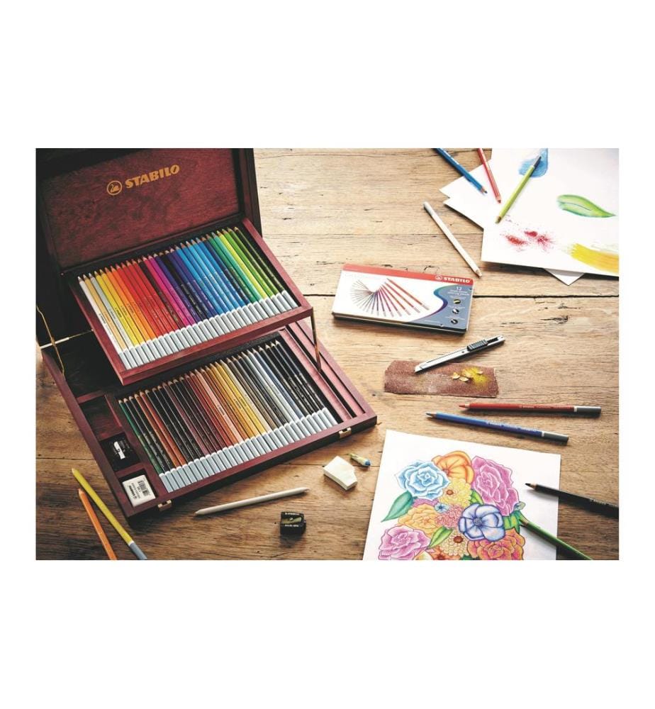 STABILO - Crayons de couleur CarbOthello avec coffret en bois, 63 pièces