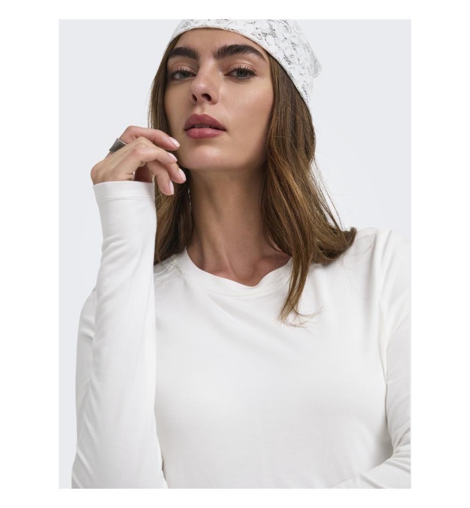 T-shirt manches longues col rond - Blanc cassé