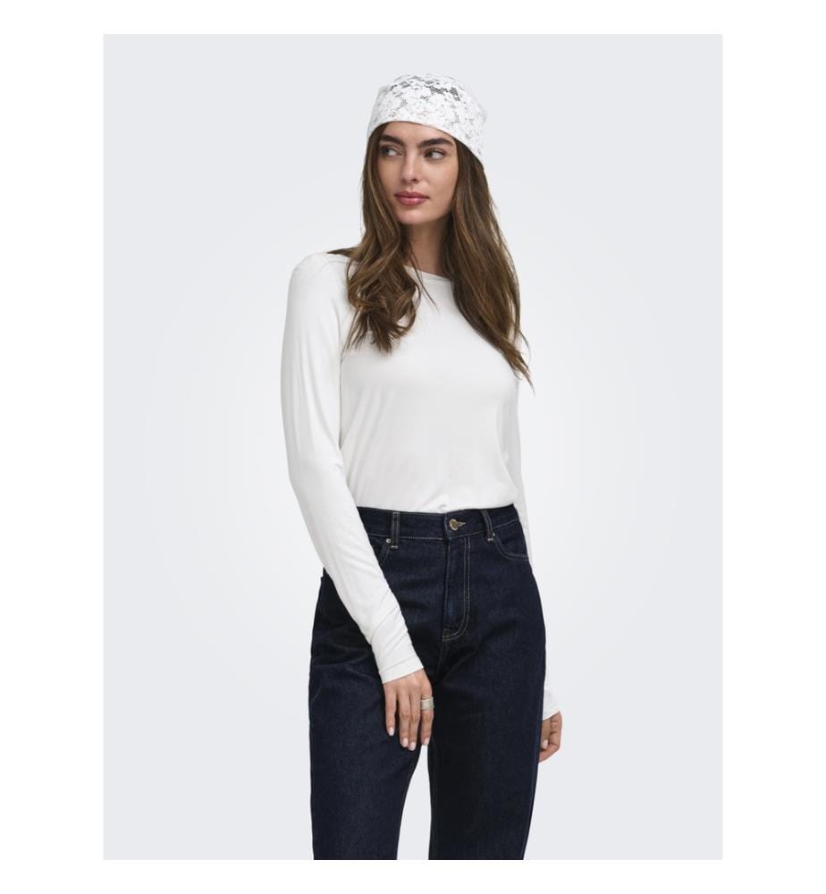 T-shirt manches longues col rond - Blanc cassé