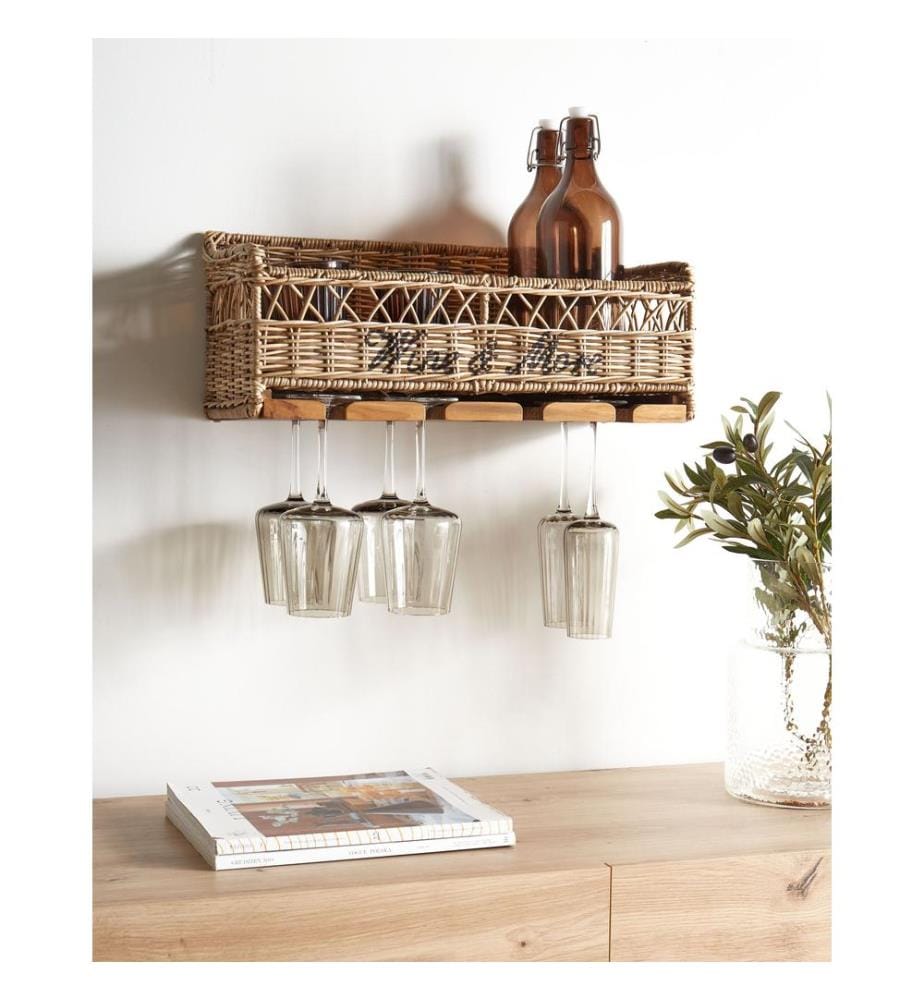 Étagère murale avec porte-verre SAHAB Rotin Naturel