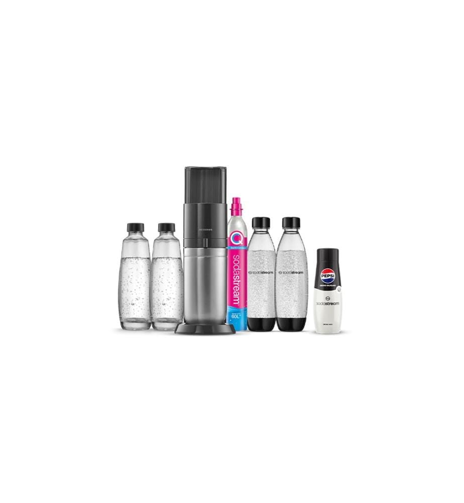Sodastream Duo Megapack XL mit 1 x 60-Liter-CQC-Flasche, 2 x 1-Liter-Glaskaraffen, 1 x Pepsi Max und 2 x 1-Liter-Fuse-Flaschen – Schwarz