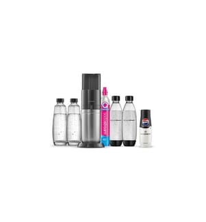 Sodastream Duo Megapack XL mit 1 x 60-Liter-CQC-Flasche, 2 x 1-Liter-Glaskaraffen, 1 x Pepsi Max und 2 x 1-Liter-Fuse-Flaschen – Schwarz