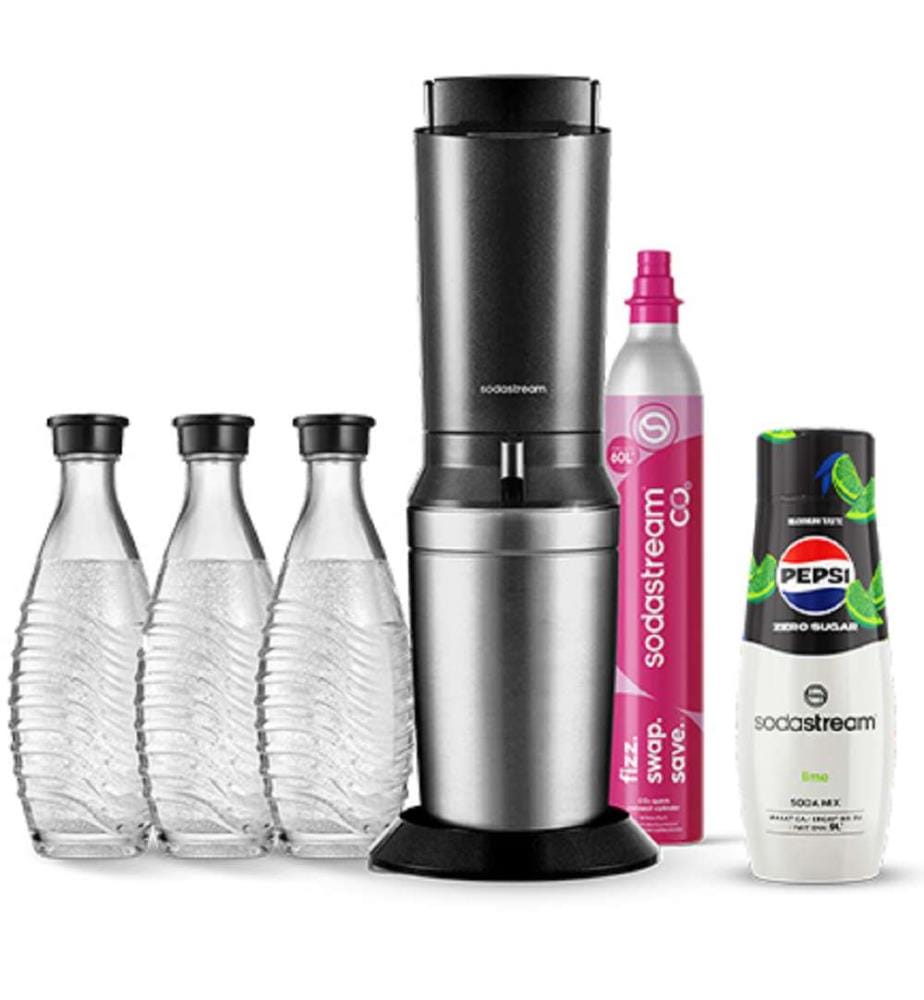 Schwarzes Mega-Pack Kristall-Set mit 1 x 60-Liter-Zylinder, 3 x 0,7-Liter-Glaskaraffen und Pepsi Zero Sugar Lime Sirup