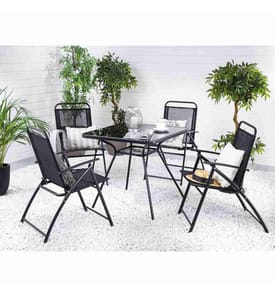 Salon de Jardin Noir Composé d'une Table 80 x 80 cm en Acier et Verre Noir et de 4 Chaises Pliables en Acier et Textile Noir