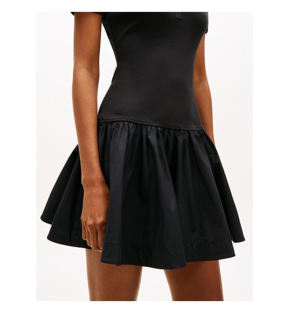 Robe Polo Courte Slim en Popeline Côtelée - Noir