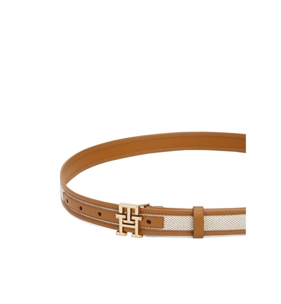 Leder- und Leinwandgürtel mit Monogramm - Hellbraun und Beige