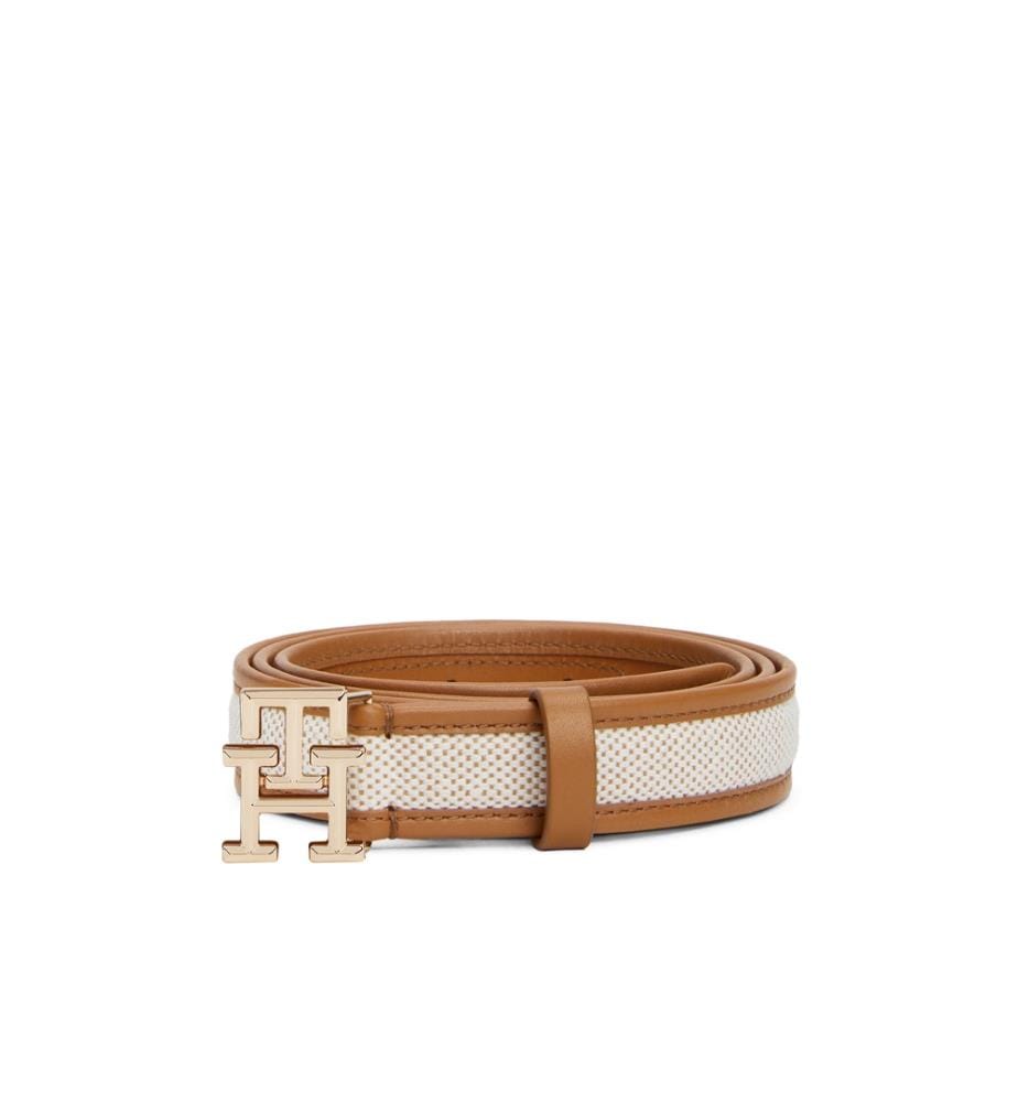 Leder- und Leinwandgürtel mit Monogramm - Hellbraun und Beige
