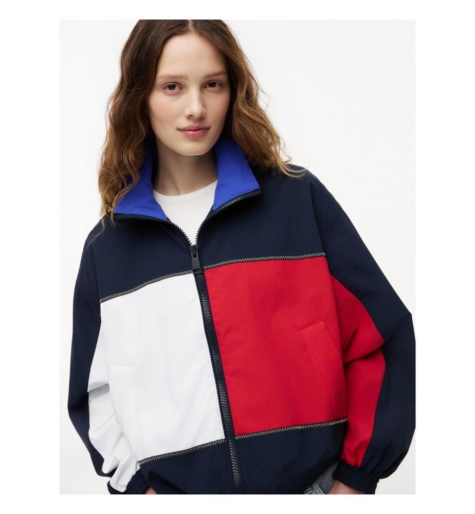 Giacca antivento con blocco di colori e logo a bandiera - Blu navy