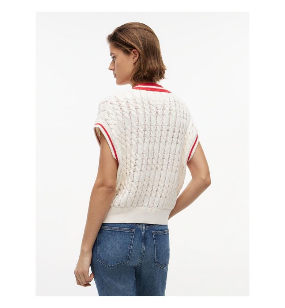 Gilet in maglia a treccia con scollo a V oversize - Bianco