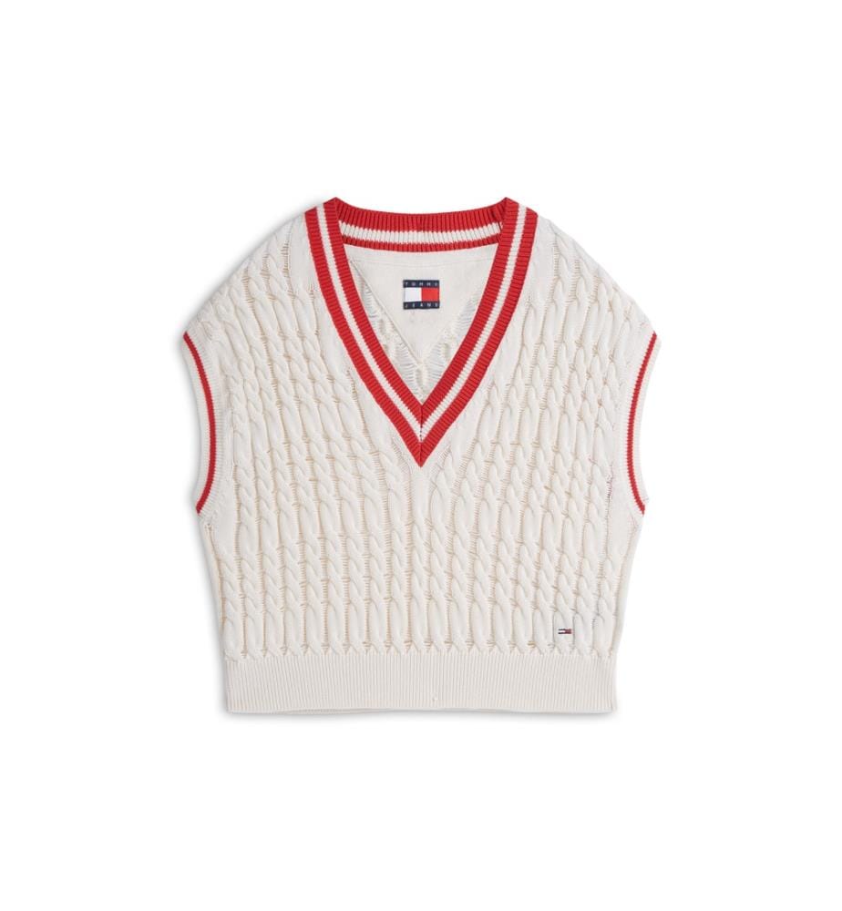 Gilet in maglia a treccia con scollo a V oversize - Bianco
