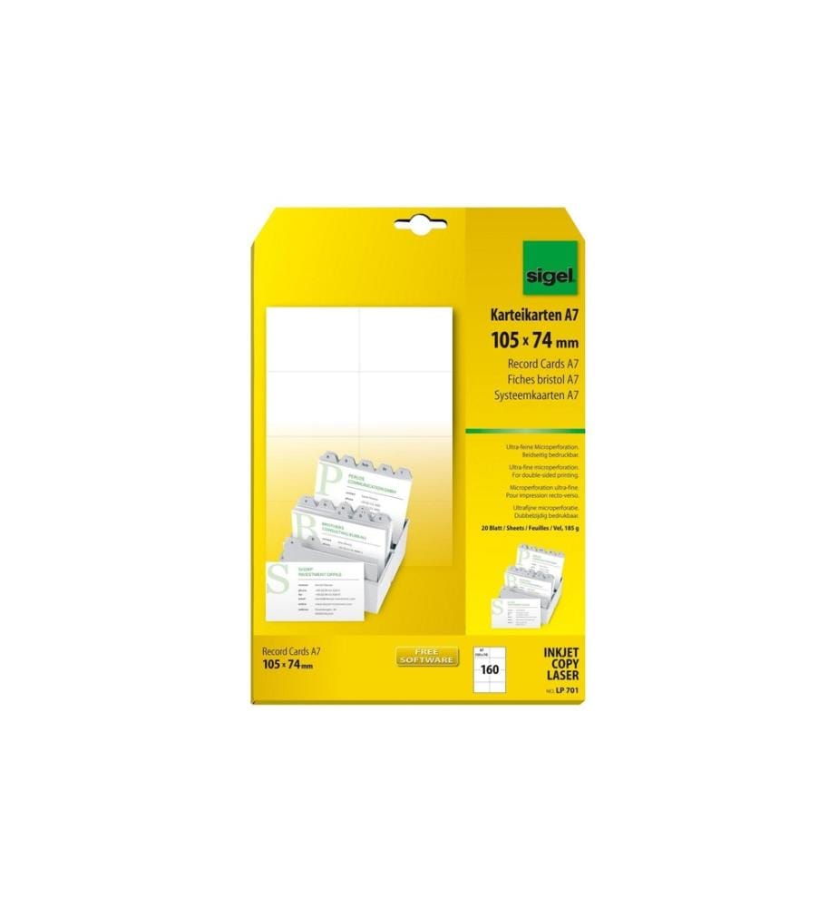 SIGEL - Fiches A7 (A4), 20 feuilles, 185 g, blanc