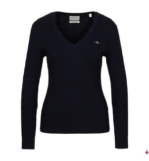 Stretch-Baumwollpullover mit V-Ausschnitt aus Kabelstrick - Marineblau