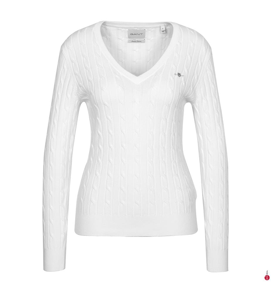 Stretch-Baumwollpullover mit V-Ausschnitt aus Kabelstrick - Weiss