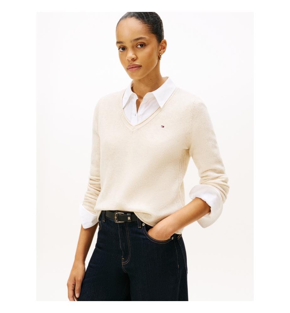 Pullover aus weicher Wolle mit V-Ausschnitt - Heather Oatmilk