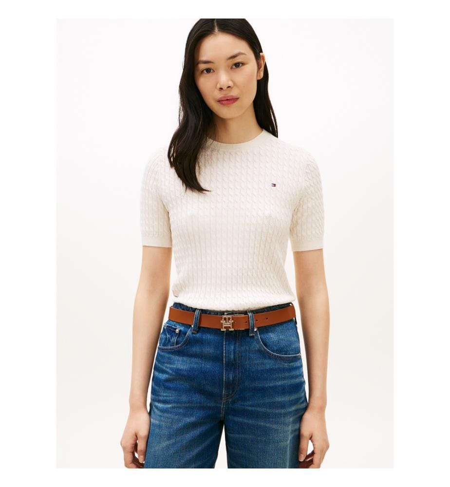 Maglione a maniche corte con lavorazione a trecce - Petal avorio melange","detected_source_language":"EN
