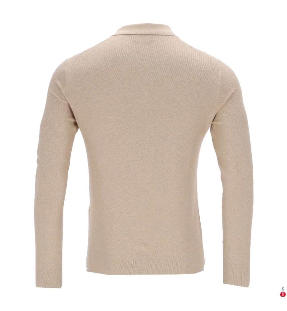Long-sleeved polo shirt in textured knit – Malt beige