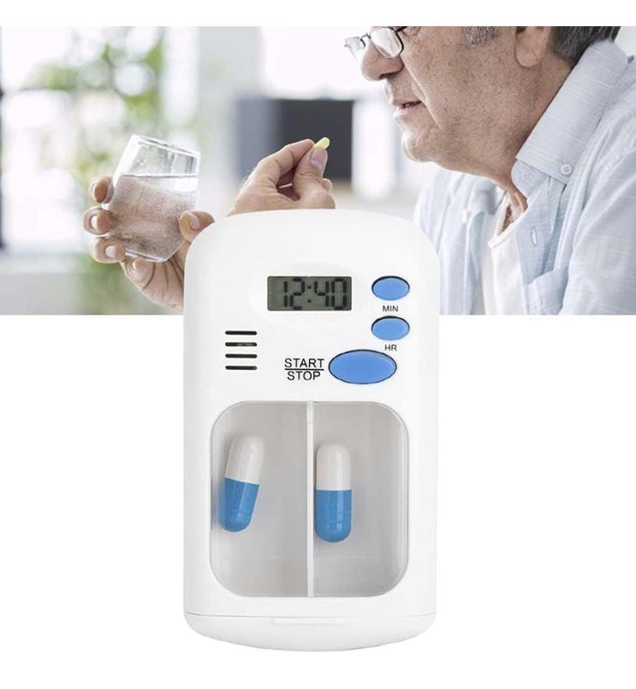 Dispenser di pillole a doppio scomparto con timer di allarme - Bianco