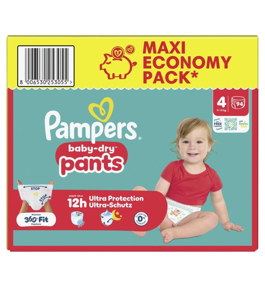 Couches Baby Dry Pants Taille 4 Maxi (9-15 kg) – Lot économique de 94 couches