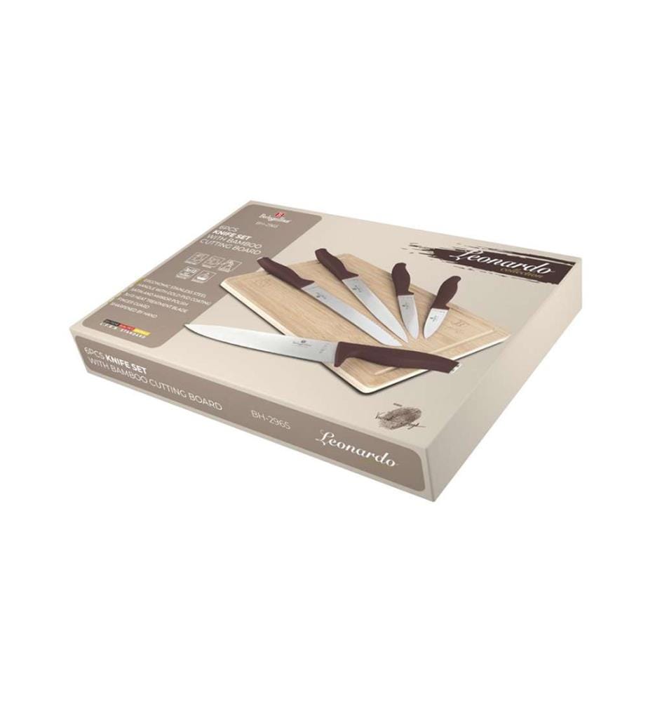 Lot de 6 couteaux avec planche à découper en bambou, Leonardo Collection - Matt Bordeaux