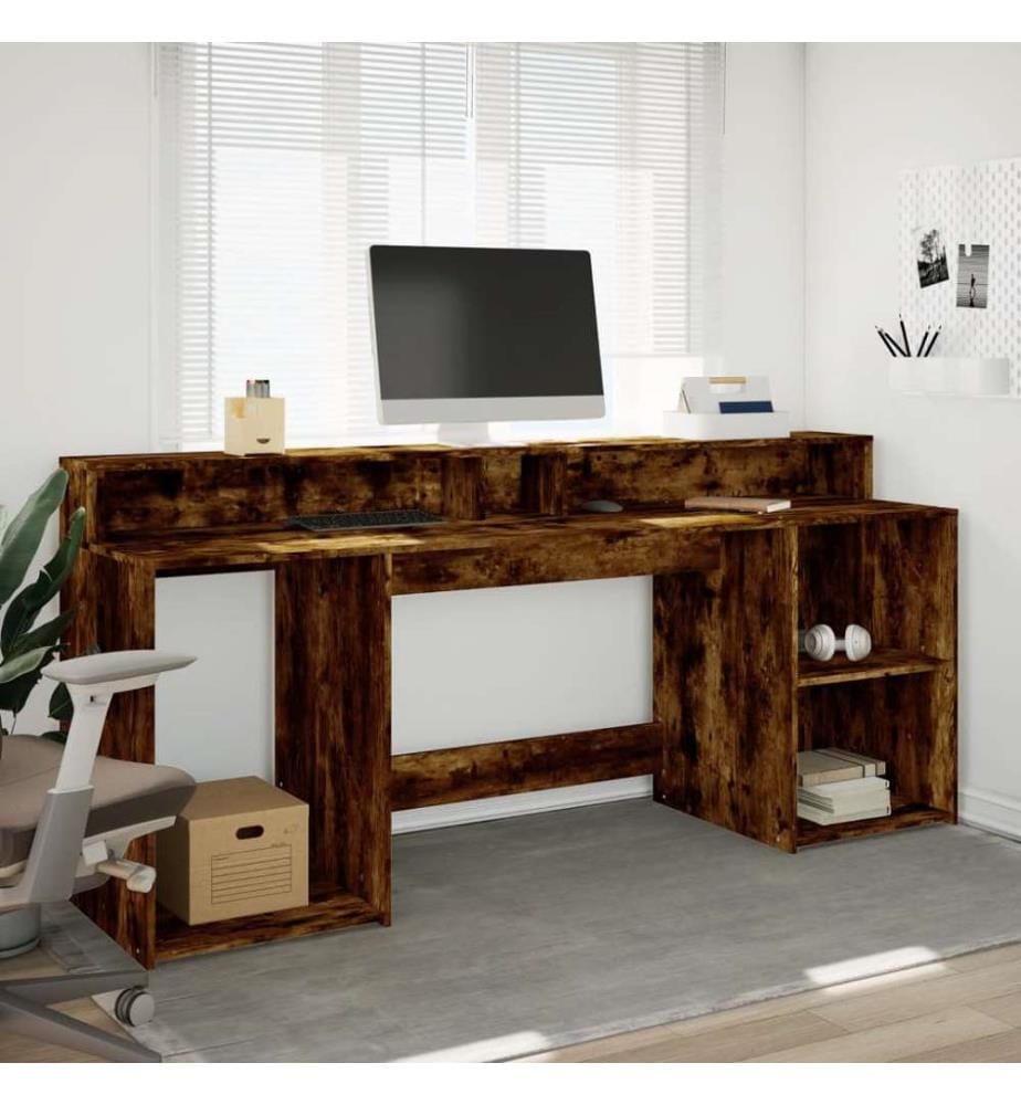 LED-Schreibtisch Räuchereiche 200x55x91 cm Holzwerkstoff