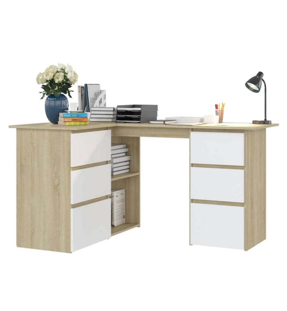 Bureau d'angle Blanc et chêne sonoma 145x100x76 cm Aggloméré