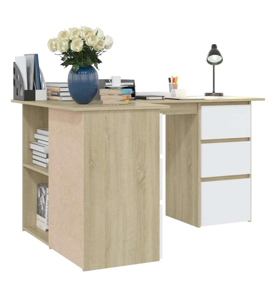 Bureau d'angle Blanc et chêne sonoma 145x100x76 cm Aggloméré