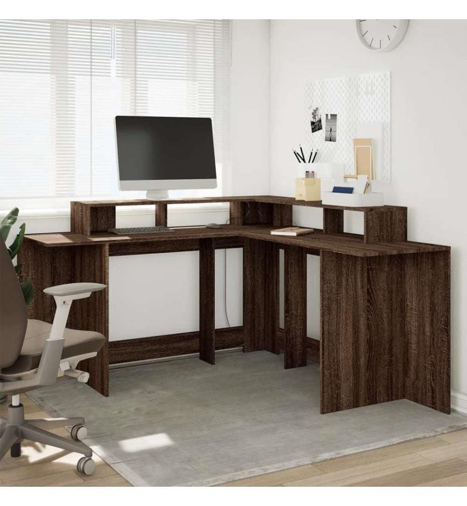 LED-Schreibtisch Braun Eichen-Optik 152x152x91 Holzwerkstoff