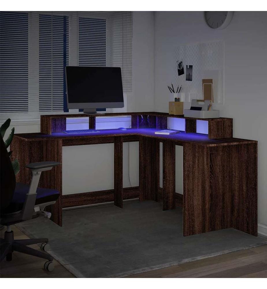 LED-Schreibtisch Braun Eichen-Optik 152x152x91 Holzwerkstoff