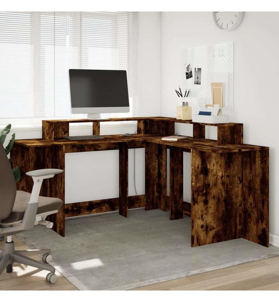 LED-Schreibtisch Räuchereiche 152x152x91 cm Holzwerkstoff