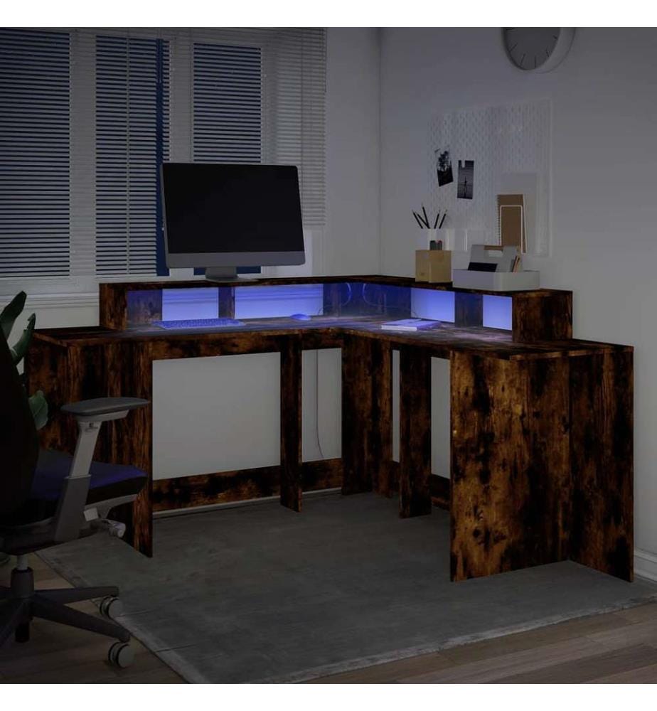 LED-Schreibtisch Räuchereiche 152x152x91 cm Holzwerkstoff