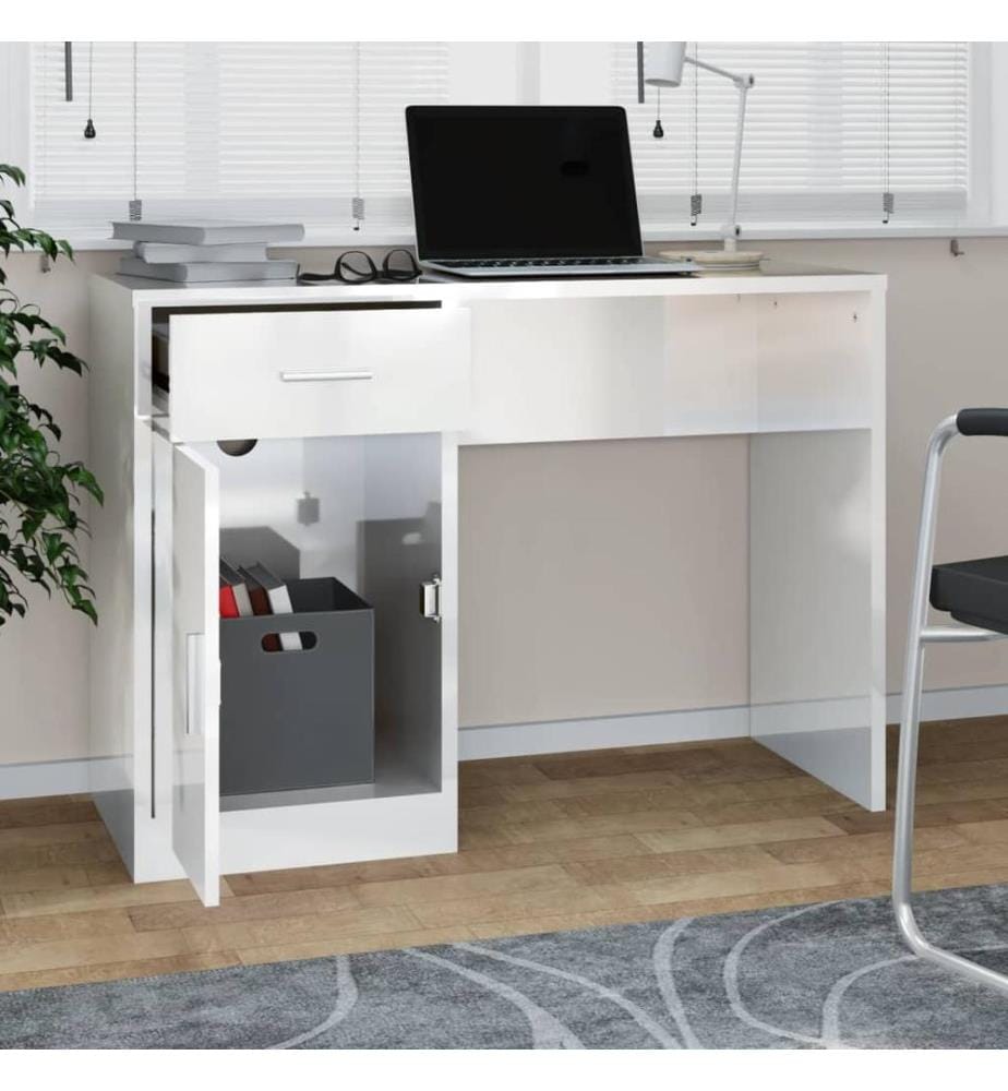 Bureau avec tiroir et armoire Blanc brillant 100x40x73 cm