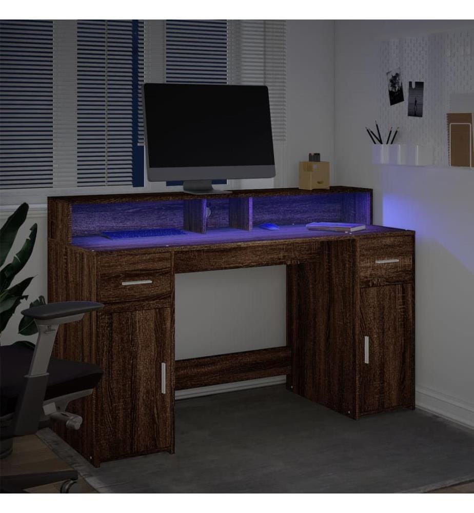 LED-Schreibtisch Braun Eiche-Optik 140x55x91 Holzwerkstoff