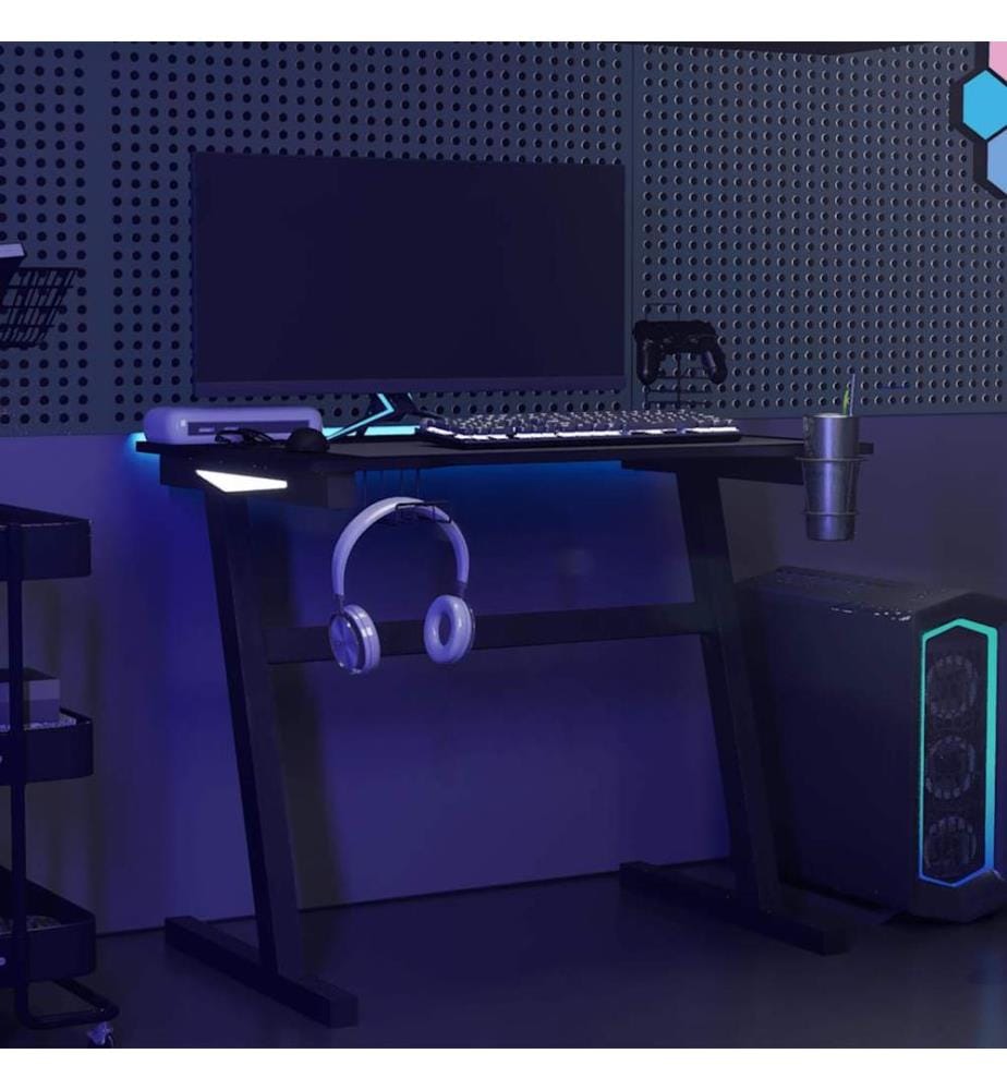 Bureau de jeu à LED avec pieds en forme de Z Noir 90x60x75 cm