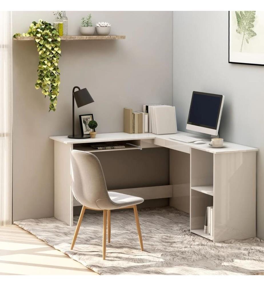 Bureau d'angle en forme de L Blanc brillant Bois d'ingénierie